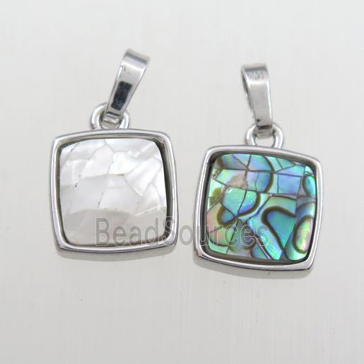 mixed Paua Abalone shell pendant, square, platinum plated