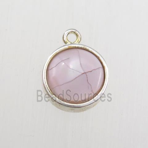 pink Paua Abalone shell pendant, circle, gold plated