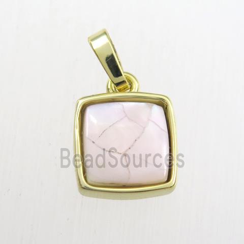 pink Paua Abalone shell pendant, square, gold plated