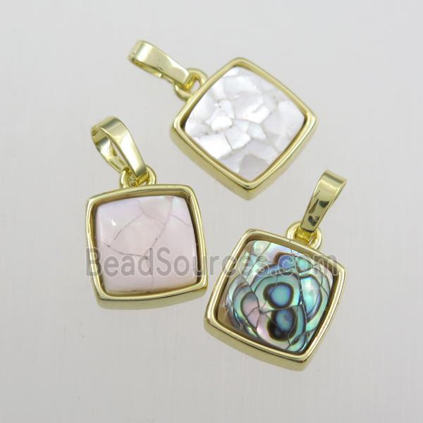 mixed color Paua Abalone shell pendant, square, gold plated