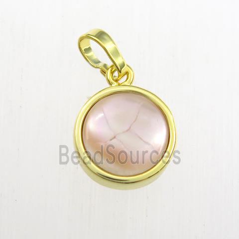 pink Paua Abalone shell pendant, circle, gold plated