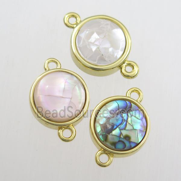 mixed color Paua Abalone shell connector, circle, gold plated