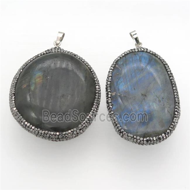 Labradorite slab pendant paved rhinestone, freeform