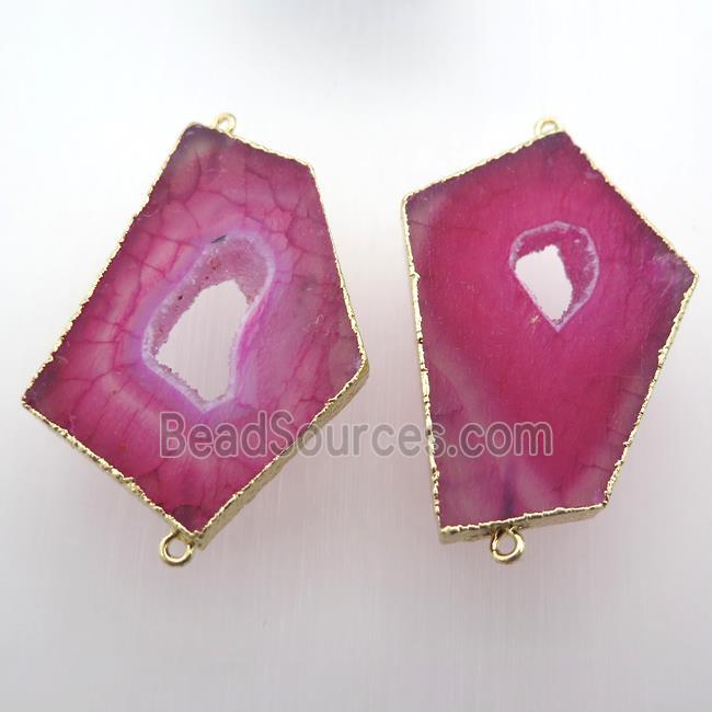 hotpink druzy agate slice connector, gold plated