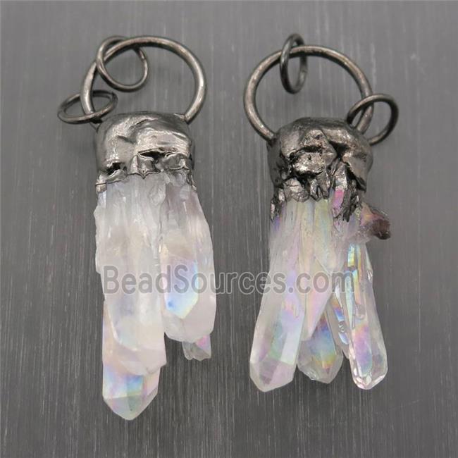 white AB-color Crystal Quartz pendants, black plated