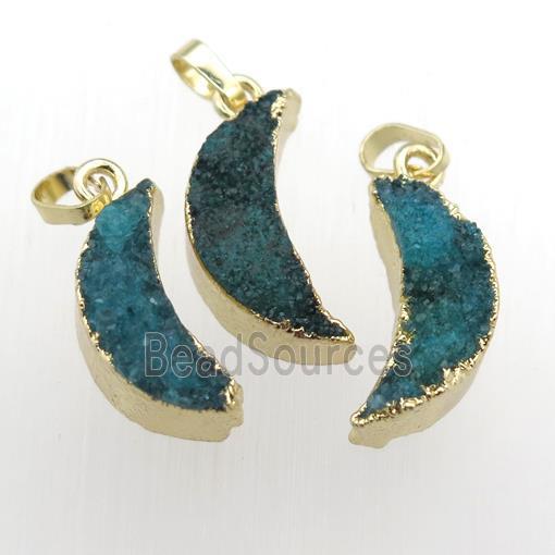 peacock blue Quartz Druzy moon pendants, gold plated