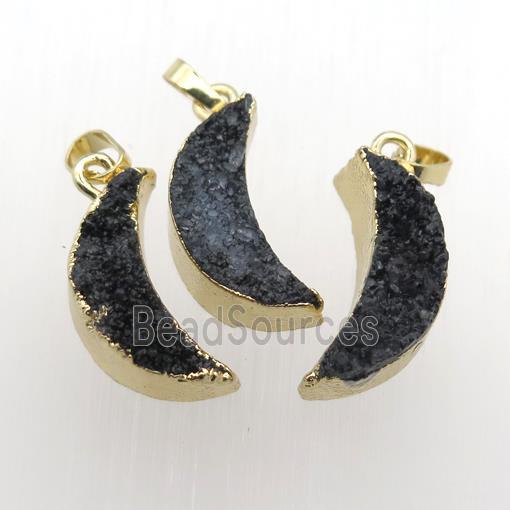 black Quartz Druzy moon pendants, gold plated