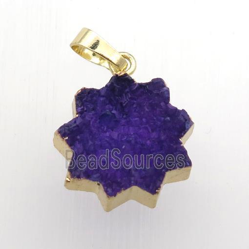 purple Druzy Quartz sunflower pendant, gold plated