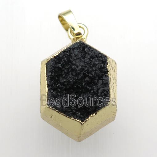 black Druzy Quartz hexagon pendant, gold plated