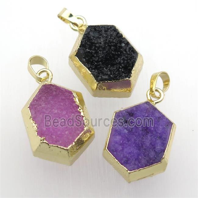 Druzy Quartz hexagon pendant, gold plated, mixed color