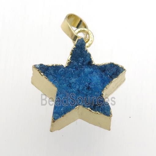 blue Druzy Quartz star pendant, gold plated