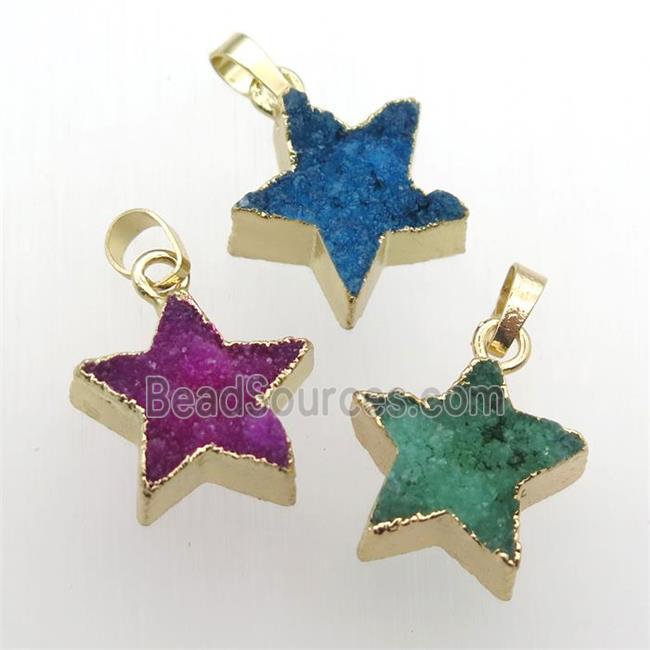 Druzy Quartz star pendant, gold plated, mixed color