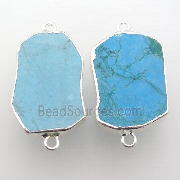 blue Turquoise connector, freeform, silver plated