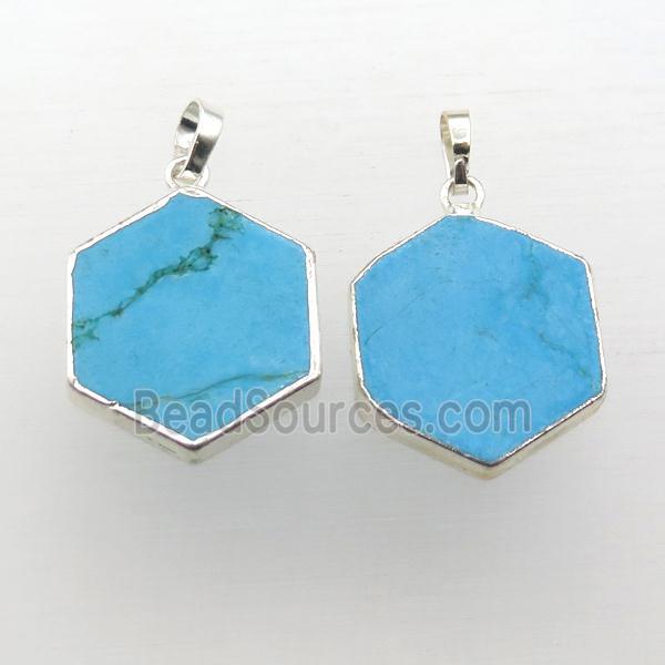 blue turquoise hexagon pendant, silver plated