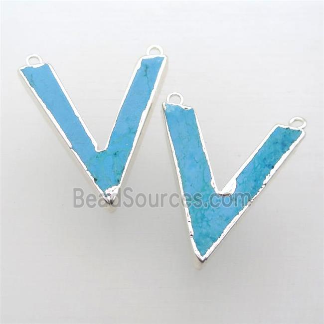 blue Turquoise pendant, letter-V, silver plated