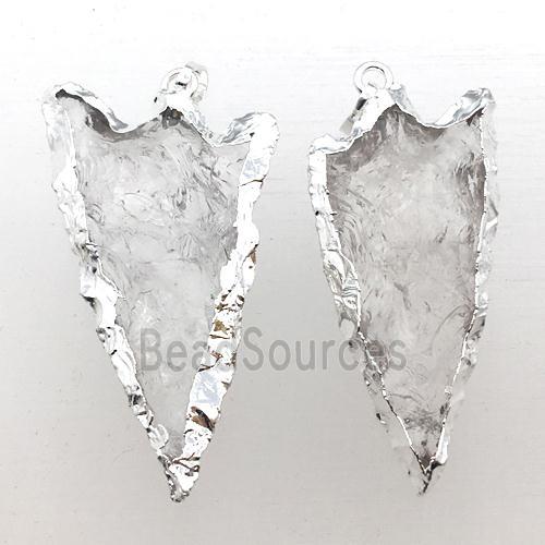 hammered Clear Quartz arrowhead pendant, silver plated