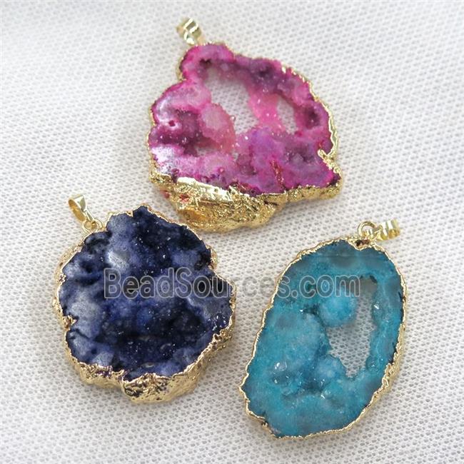 Quartz Druzy slice pendant, freeform, gold plated, mixed color