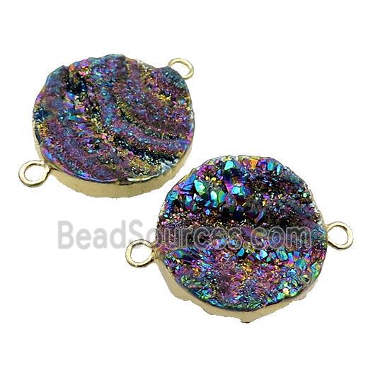 rainbow Solar Agate Druzy connector, circle, gold plated