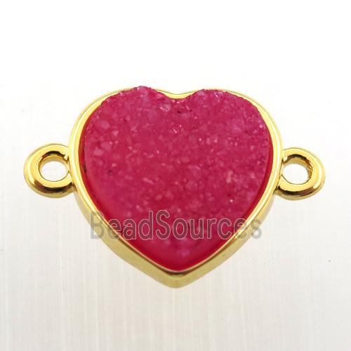 hotpink agate druzy heart connector, gold plated