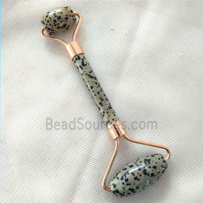 black Spotted Dalmatian Jasper Roller GuaSha Massage Tools, rose gold