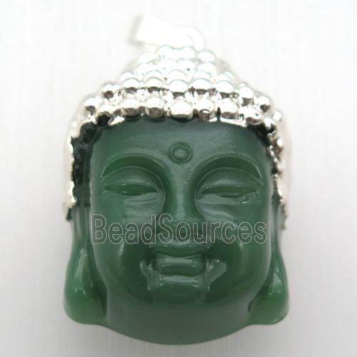 green glass Buddha pendant, silver plated