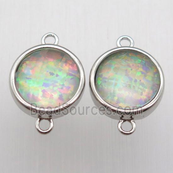 green Fire Opal circle connector, synthetic, platinum plated