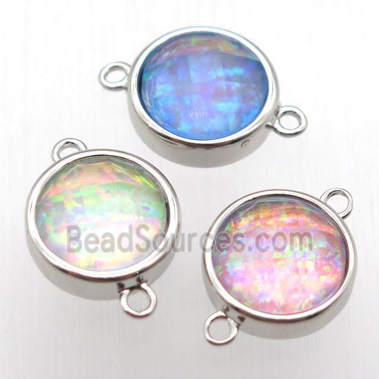 mixed color Fire Opal circle connector, synthetic, platinum plated