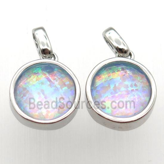 Fire Opal circle pendant, synthetic, platinum plated