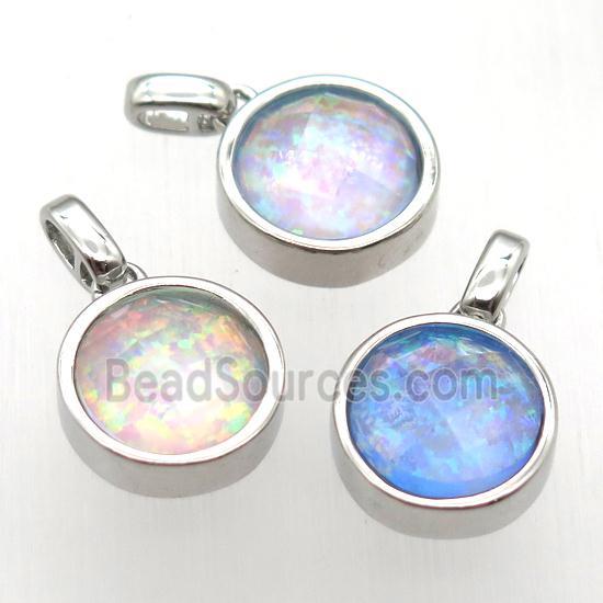 mixed color Fire Opal circle pendant, synthetic, platinum plated