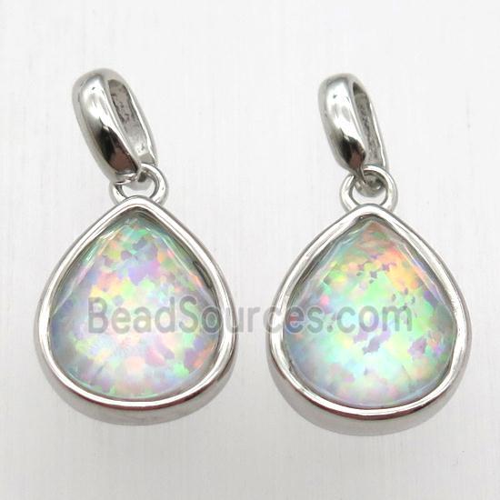 rainbow Fire Opal teardrop pendant, synthetic, platinum plated