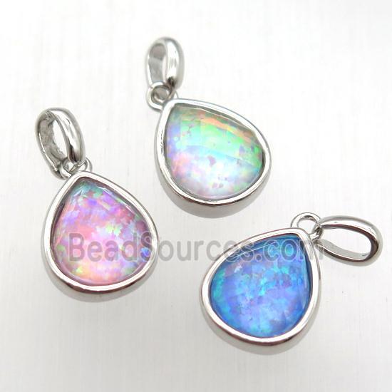 mixed color Fire Opal teardrop pendant, synthetic, platinum plated