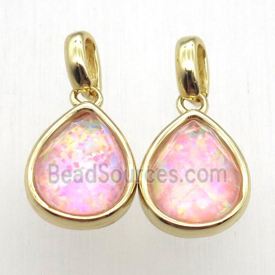 pink Fire Opal teardrop pendant, synthetic, gold plated