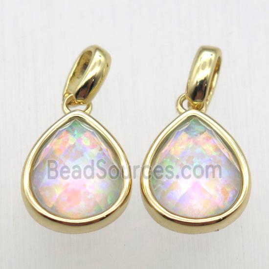 rainbow Fire Opal teardrop pendant, synthetic, gold plated