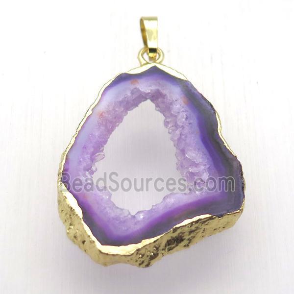 purple druzy agate pendant, freeform, gold plated