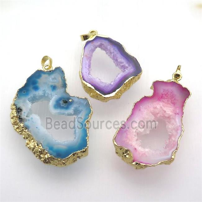 mixed druzy agate pendant, freeform, gold plated