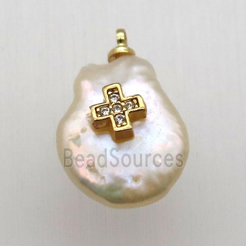 Natural pearl pendant with zircon, cross