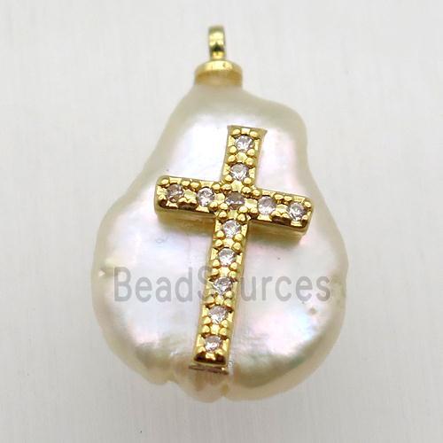 Natural pearl pendant with zircon, cross