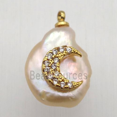 Natural pearl pendant with zircon, moon