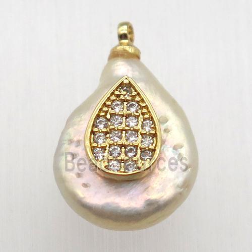 Natural pearl pendant with zircon, teardrop