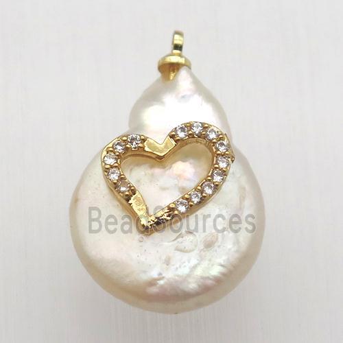 Natural pearl pendant with zircon, heart