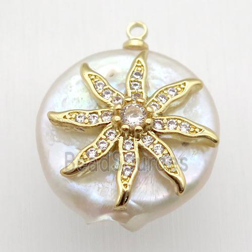 Natural pearl pendant with zircon, flower