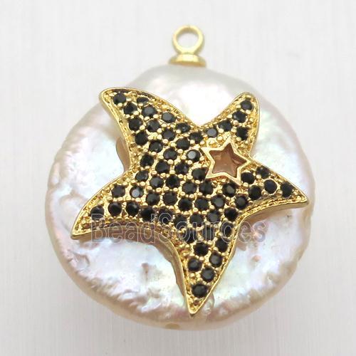 Natural pearl pendant with zircon, starfish