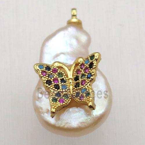 Natural pearl pendant with zircon, butterfly