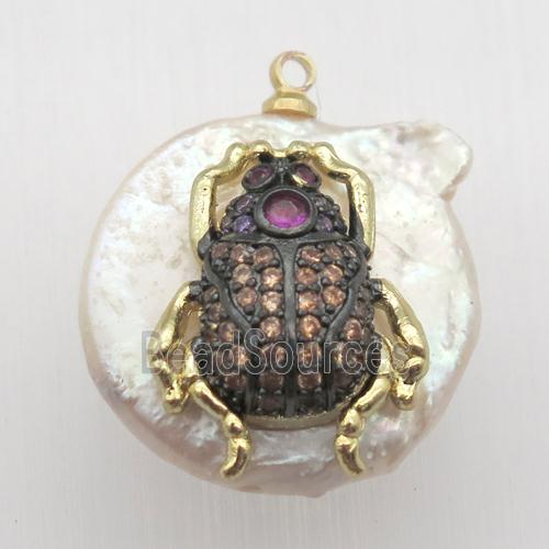 Natural pearl pendant with zircon, beetle