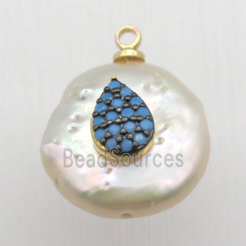 Natural pearl pendant with zircon, teardrop