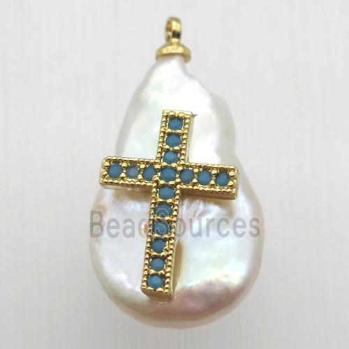 Natural pearl pendant with zircon, cross