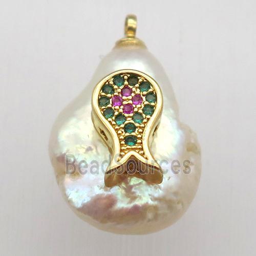 Natural pearl pendant with zircon, dolphin