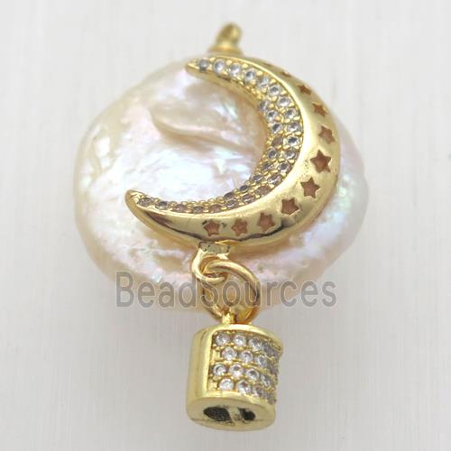 Natural pearl pendant with zircon, moon