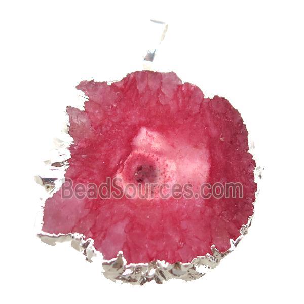 red Solar Quartz Druzy slab pendant, freeform, silver plated