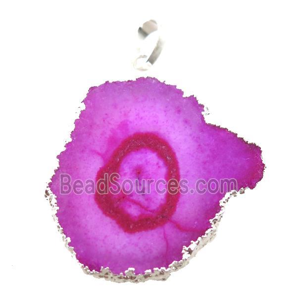 hotpink Solar Quartz Druzy slab pendant, freeform, silver plated